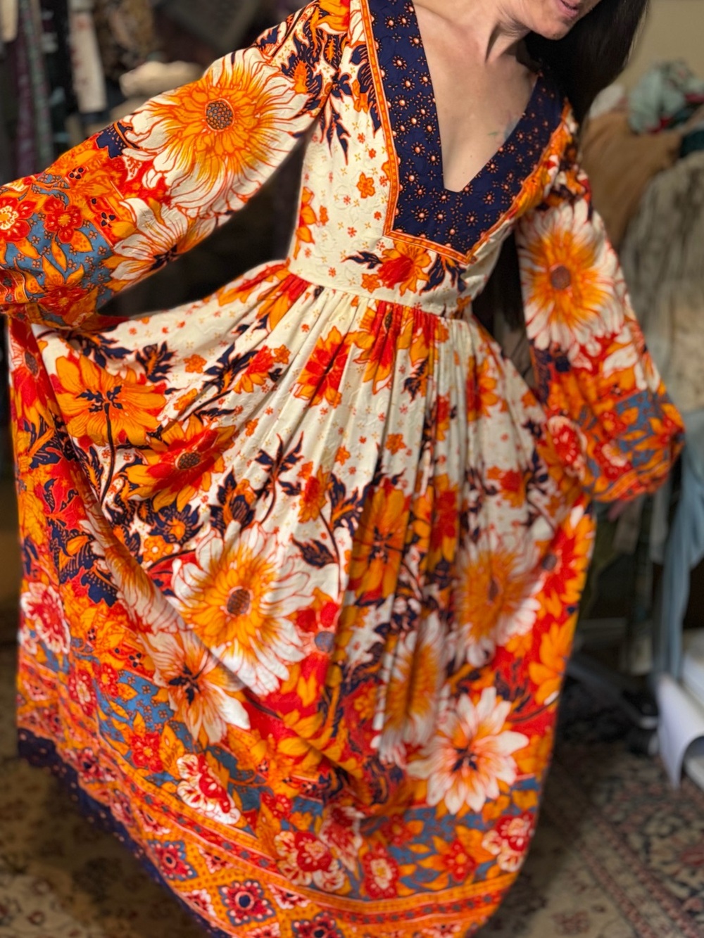 Vintage 60s handmade Boho Floral Maxi Dress - Orange Floral